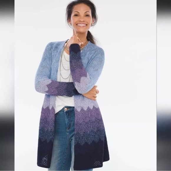 Chico's Sweaters - Chicos Women Cardigan 1 Open Duster Pointelle Knit Purple Blue Ombré